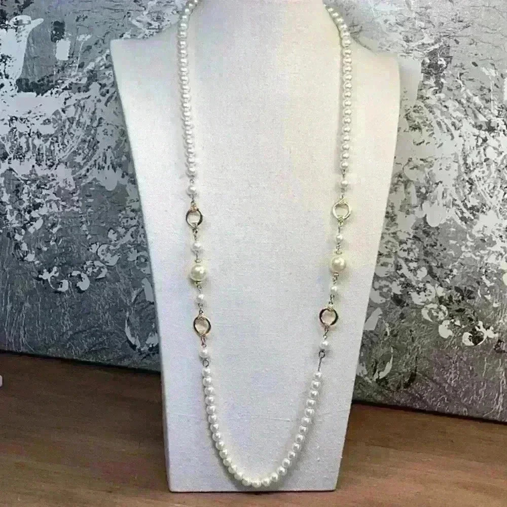 Faux Pearl Necklace with Gold Accents and Chain